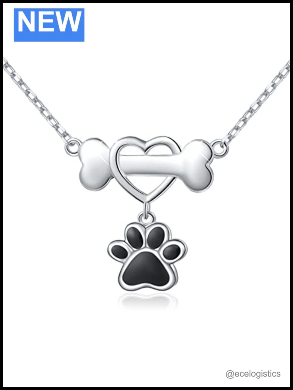 925 Sterling Silver Paw Print Pendant Necklace Dog Bone Heart